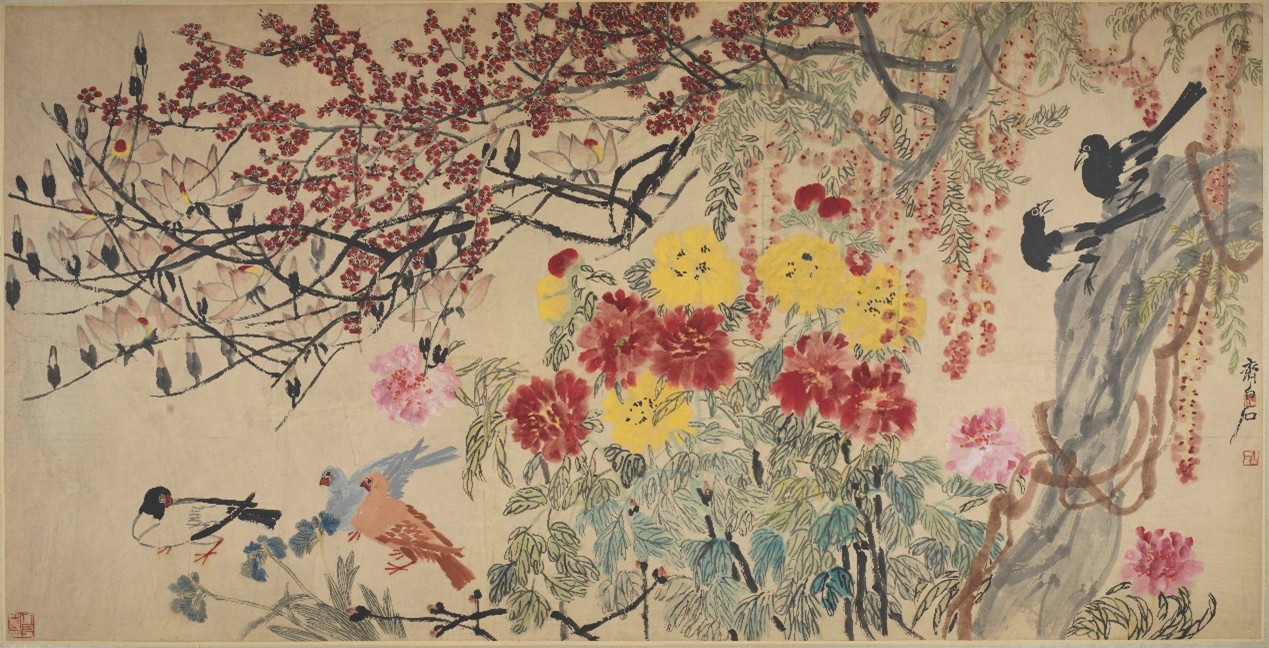 <h2>百花与和平鸽</h2><p>作者：齐白石</p><p>创作年代：1952年</p><p>规格：138.5cm×275.5cm</p><p>品类：中国画</p>